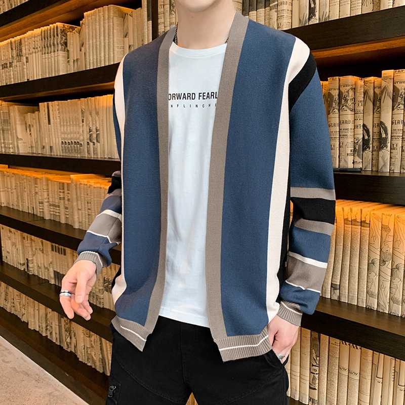 

Men Patchwork Slim Cardigan Autumn Winter Warm Casual Sweaters Long Knitted Streetwear Outerwear Korean Fashion Clothing Male, Blue