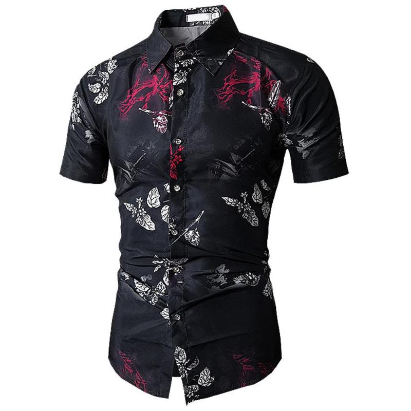 

MISSKY 2020 New Summer Casual Men Summer Shirt Hawaii Floral Short Sleeve Beach Style Business Shirt Male Clothes, Black