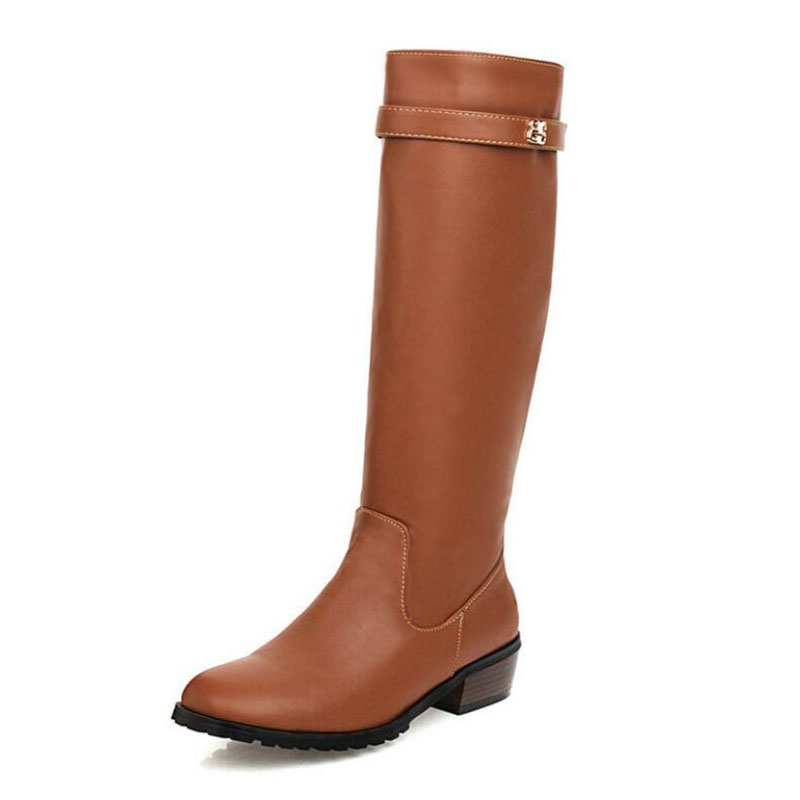 

New Winter Fashion Boots Buckle Round Toe Side Zipper Womens Flat Knee High Boots Shoes Woman Ladies Motorcycle US10.5, Black