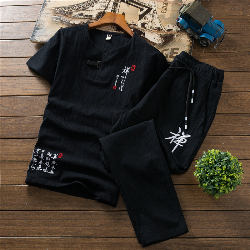 

2020 New Mens Sets Classic Summer Pure Cotton Men Short sleeved TShirt and Trousers Chinese Style Embroidery Men 2 Piece Set, Black