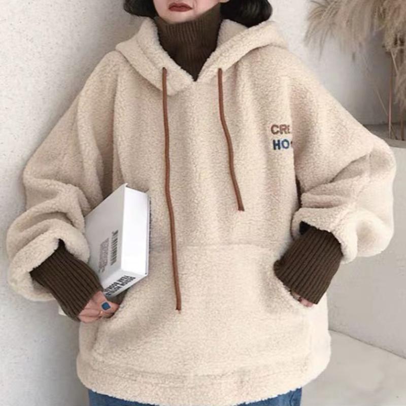 

Korean Style Winter Cashmere Thickened Hooded Sweatshirt Women's Fashion Letter Embroidery Harajuku Loose Tops Hooded Coat, Blue