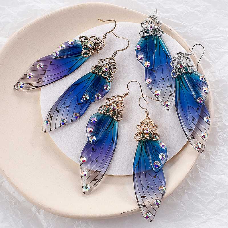 

AMORCOME Handmade Fairy Drop Earrings Insect Butterfly Wing Earrings Foil Crystal Romantic Bridal Jewelry