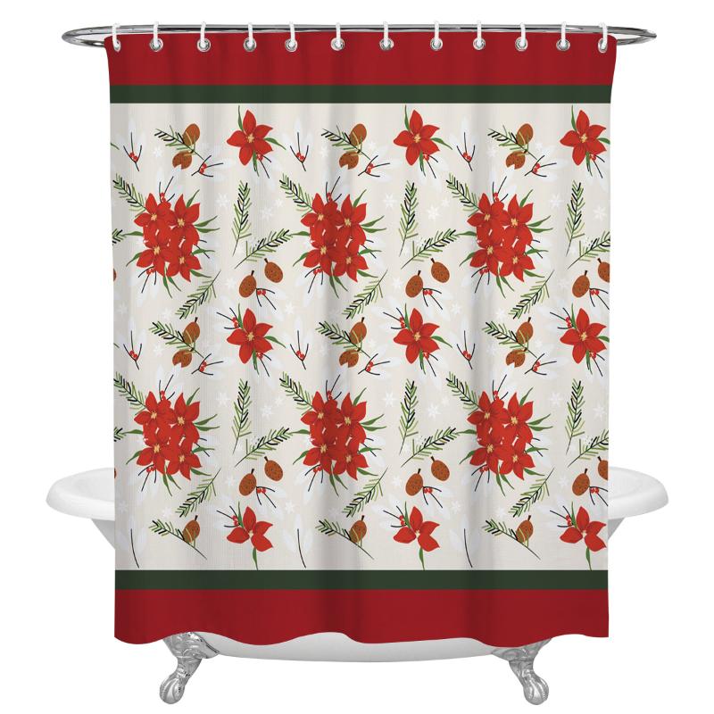 

Christmas Red Flower Pine Cones Waterproof Shower Curtain Home Hotel Bathroom Decor Accessories Polyester Fabric Shower Curtains
