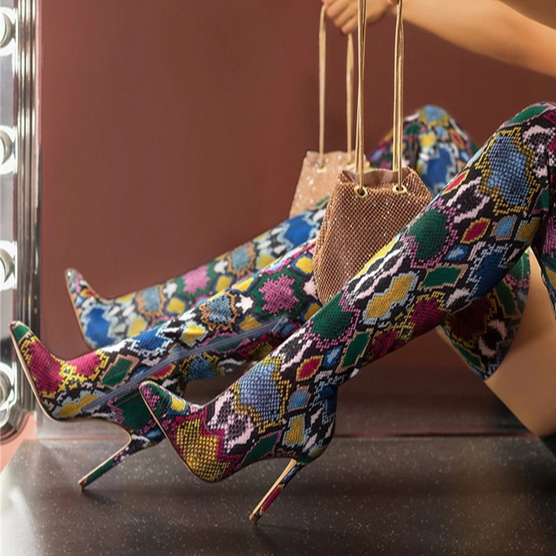 

WENYUJH 2020 Winter Women's Boots Warm Female Side Zipper Shoes For Women High Heel Over the Knee Thin Heels Snake Print Shoes