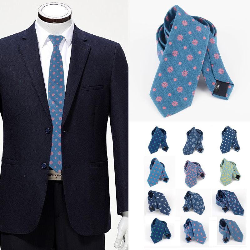 

WindJ Men Red Dot Pattern Skinny Navy Blue Cravate Slim Cotton Necktie