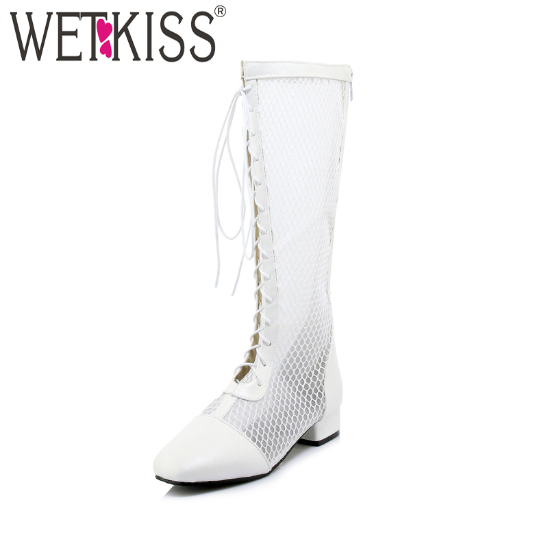 

WETKISS 2020 Thick Heel Knee High Summer Women Boots Zipper Lace Up Footwear Antumn Fashion Sexy Cross Tied Boots Ladies Shoes, White