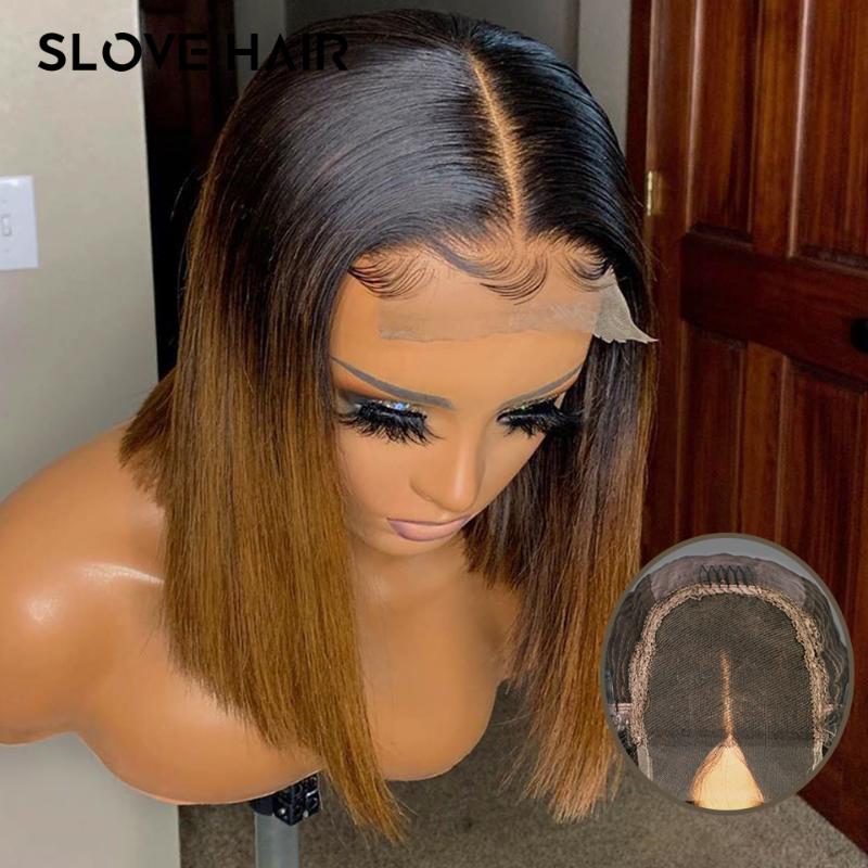 

4x4 Lace Front Human Hair Wig 150% Bob Straight Honey Blond 1B/27 Ombre Highlight Remy Brazilian Plucked Middle Ratio Slove Hair, As pic