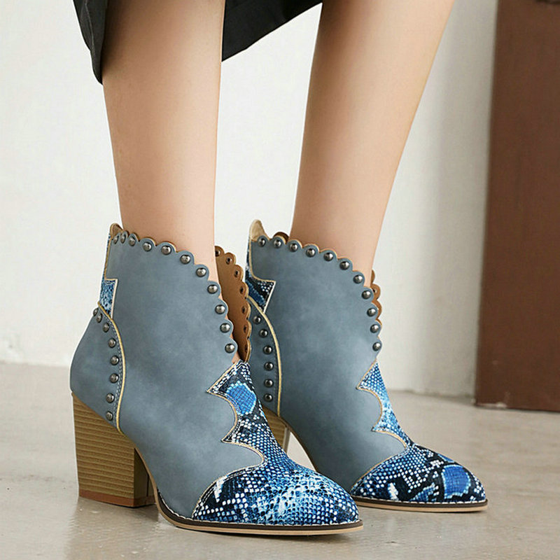 

2020 New Autumn Winter Women Ankle Boots Fashion Pointed Toe Thick High Heel Ladies Boots River Slip on Women Western, Black