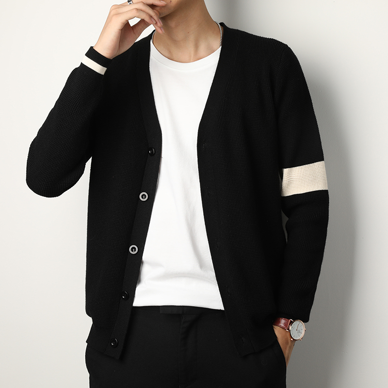 

New Autumn Winter Sweater Men Fashion 2020 V Neck Casual Cardigan Men Single Breasted Striped Long Sleeve Sweaters For 3XL, Black