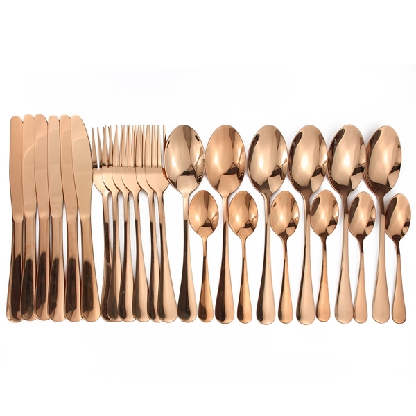 

16pcs Shiny Sets Wedding Tableware Silverware Travel Cutlery Set Copper Rosy Forks Knives SpoonsDropshipping X0924