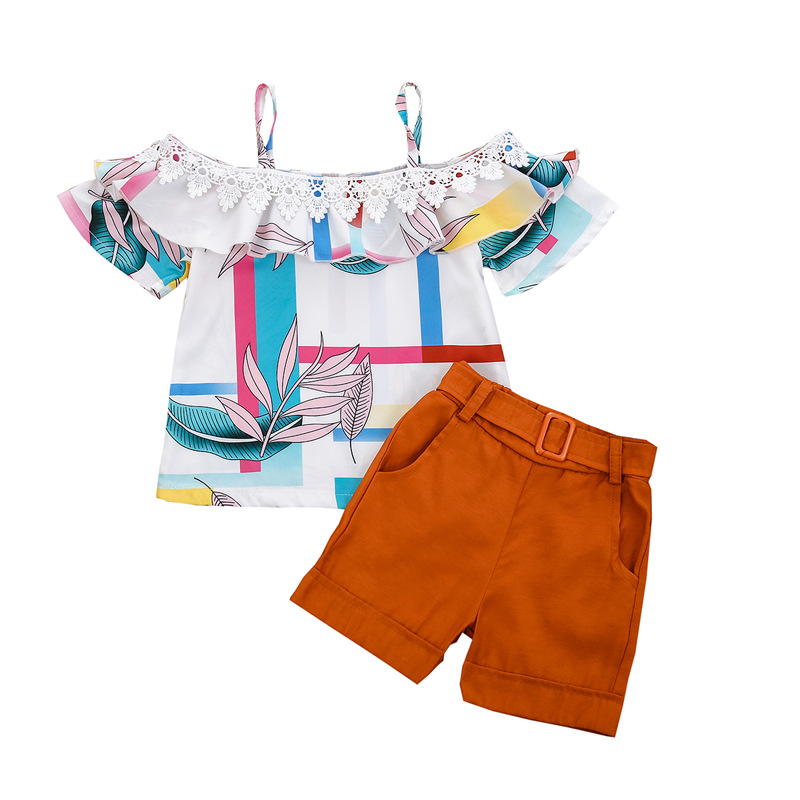 

Fashion Children Suit Girls Clothing Summer Girl Set Off Shoulder Blouse + Shorts Sets for Kids, As picture