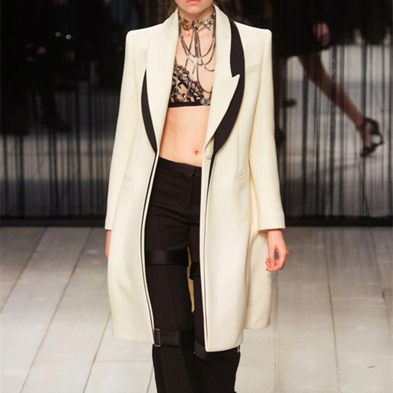 

Autumn winter Long Wool Overcoat Women 3D Notched Collar Office Style Blazer Slim Feminine Coat One Button Jacket Female Outwear, White beige