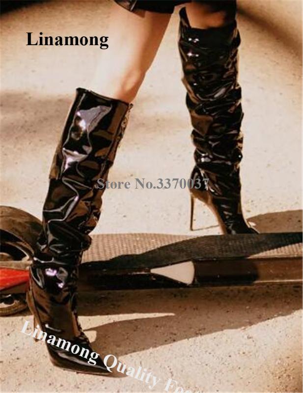 

Women Classical Style Pointed Toe Patent Leather Knee High Stiletto Heel Boots Shining Black White Pleated Long High Heel Boots, Customize colors