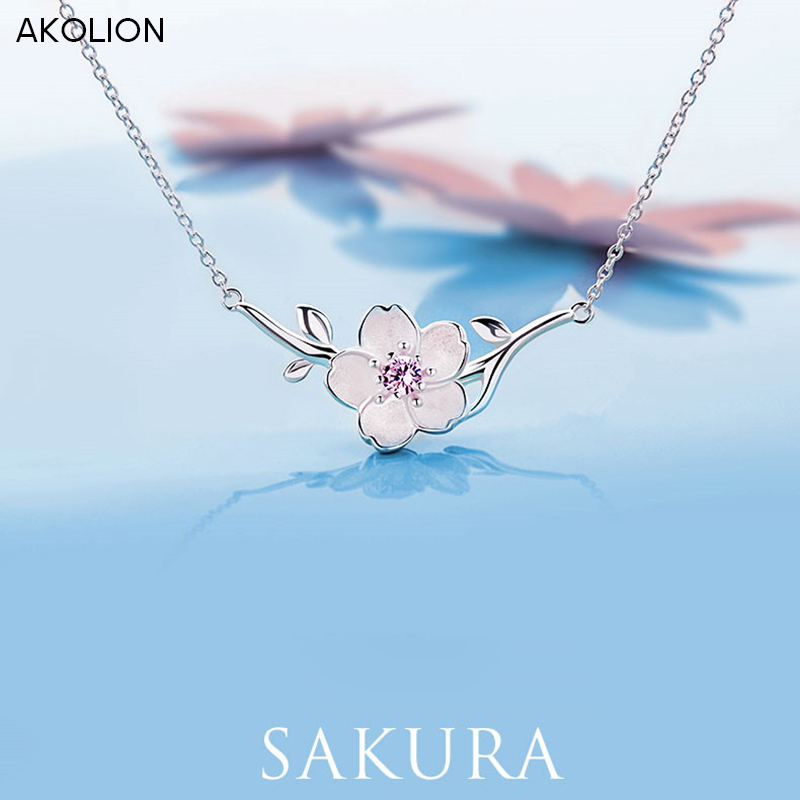 

Chokers AKOLION Silver Cherry Blossoms Necklaces Sakura Flower Pendants With Chain Choker Necklace 925 Sterling Jewelry