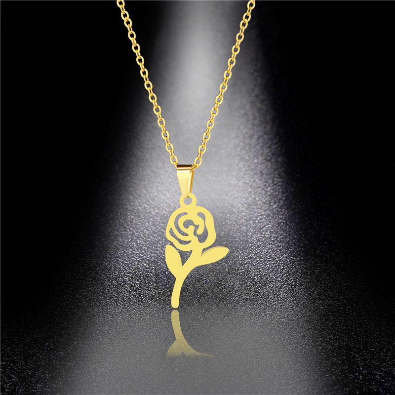 

Delicate Rose Flower Pendant Necklace for Women Lovers Gold Flower Stainless Steel Choker Jewelery for Women Sweater Chain