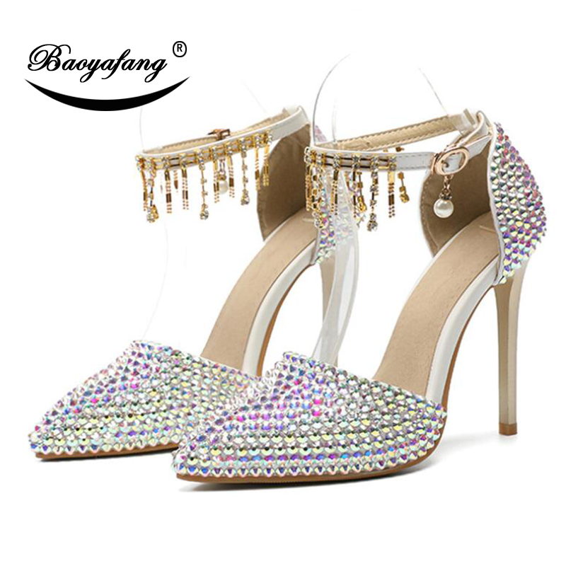 

BaoYaFang 2020 NEW ARRIVE AB Crystal Wedding shoes Woman 11cm High heels pointed toe Bridal Party dress shoe plus size 46, 11cm shoe