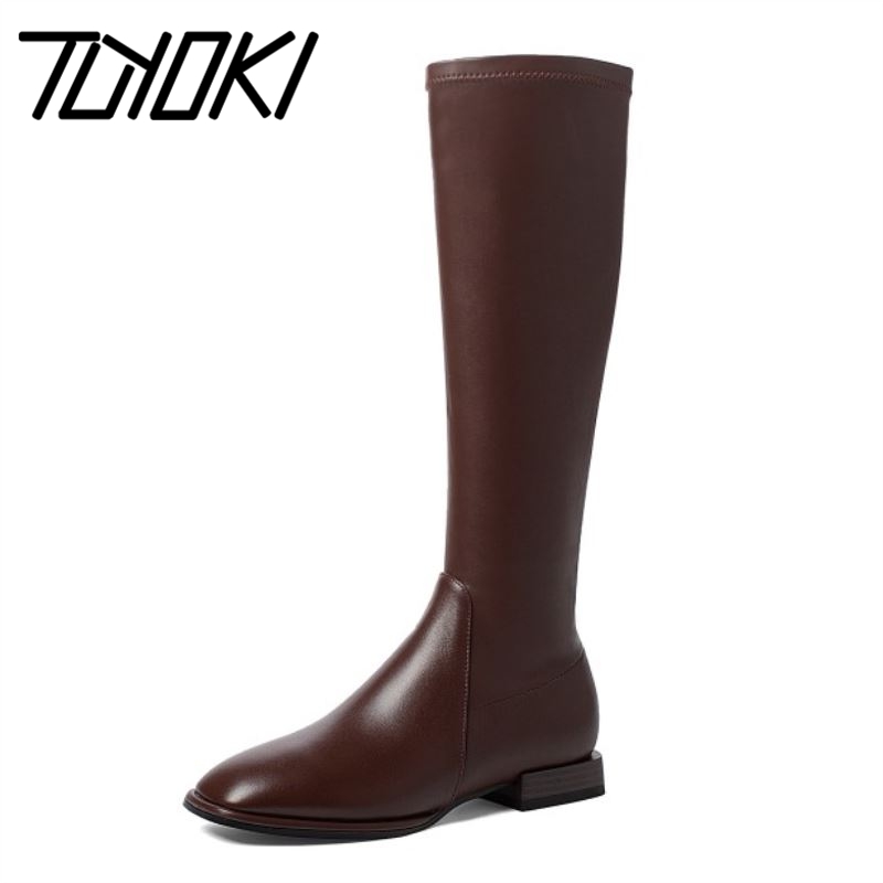 

Tuyoki High Quality Real Leather Shoes Knee High Boots Square Toe Zipper Ridding Boots Cool Shoes Solid Footwear Size 34-40, Black