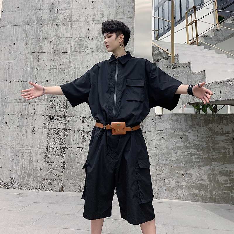 

Oversize Loose Casual Jumpsuit Belt Included Cargo Pant Male Women Streetwear Hip Hop Overalls Harem Pant Men Short Sleeve Mid, 9042