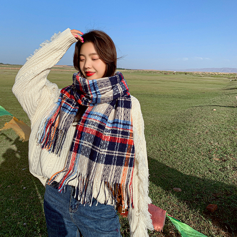 

Royalmaybe 2020 new scarf women thickened warmth imitation cashmere retro tassel shawl plaid long bib Fashion designer scarf