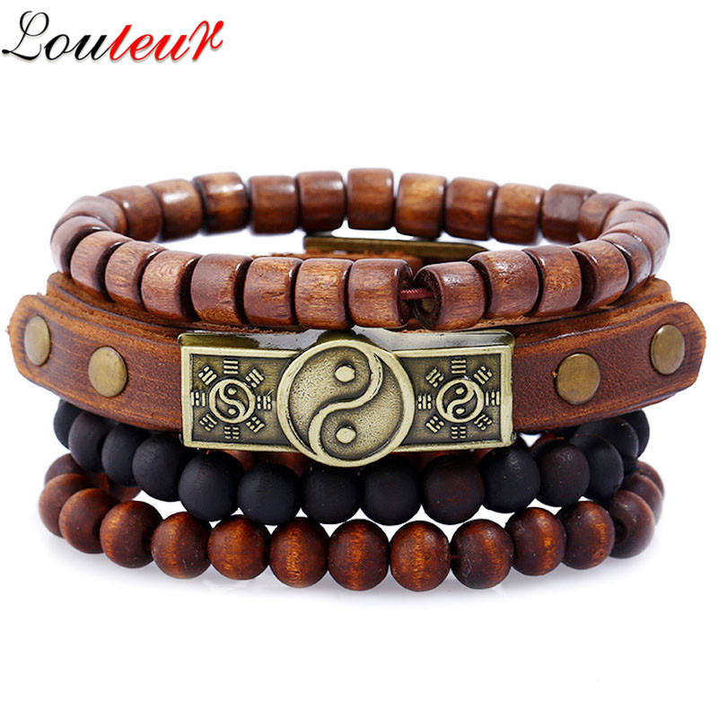 

LOULEUR 4pcs/lot Retro Genuine Multilayer Leather Bracelet for Men Women Punk Vintage Wood Bead Bracelets Men Jewelry Pulseras