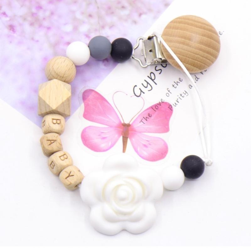 

KWD Personalised Name Beech Wooden Beads Pacifier Holder Silicone Rose Flower Teether Hand Made Nipple Clip Chain