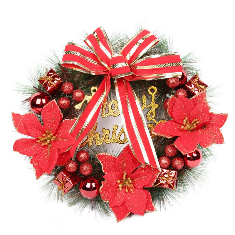 

30CM Artificial Christmas Wreath With Bowknot, Poinsettia, Christmas Balls Ornaments Holiday Front Door Hanging Decorations, Red