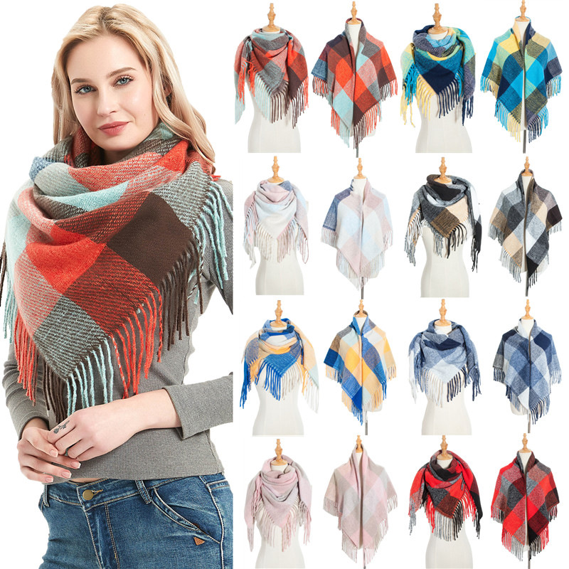 

2020 Women Cashmerelike Winter Scarf Knit Bandana Plaid Female Warm Triangle Scarves Blanket Shawls and Wraps Bufanda