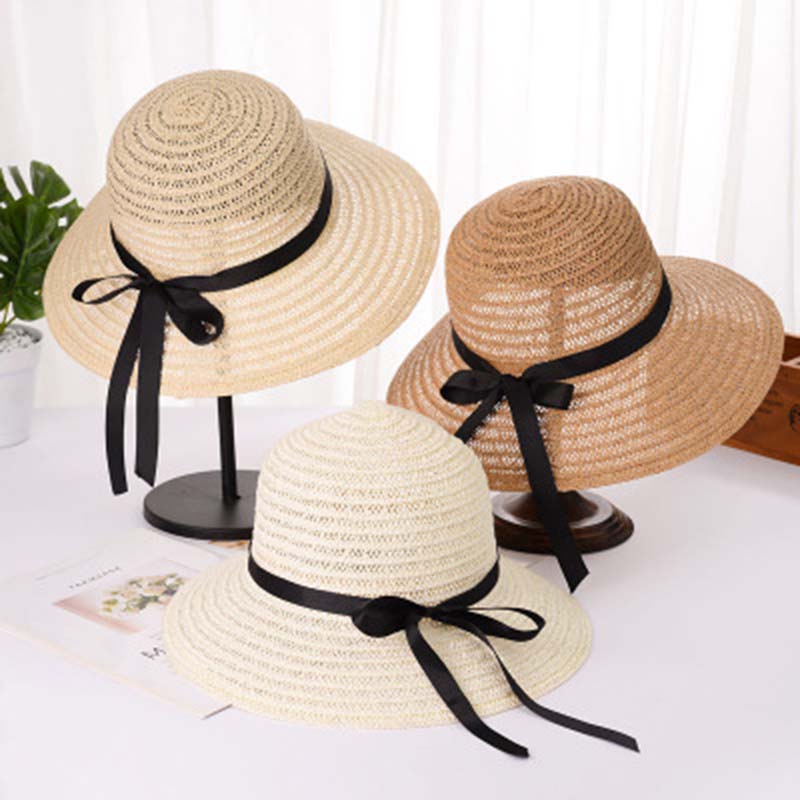 

Wide Brim Hats Travel Holiday Sunscreen Raffia Bow Big Straw Hat Summer Sunshade Wholesale Female Sun L58, Beige