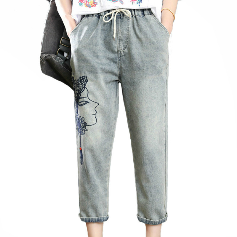 

2020 Summer Fashion Style Ladies Embroidery Denim Trousers Womens Elastic Denim Casual Female Harem Pants Plus Size New Clothing, Vintage blue