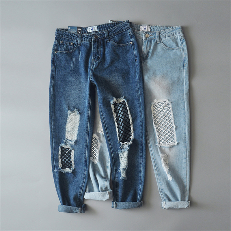 

Casual hollow out Light blue denim jeans Slim summer Mesh Stitching hole ripped jeans female Cool boyfriend pants