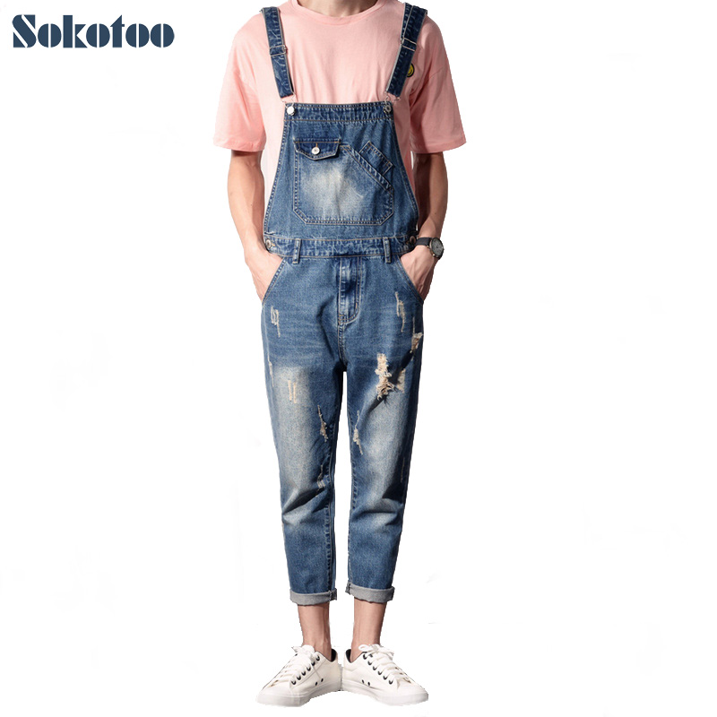 

Sokotoo Men's plus big size slim ankle length pocket denim bib overalls Casual holes ripped jeans Crop jumpsuits, Blue