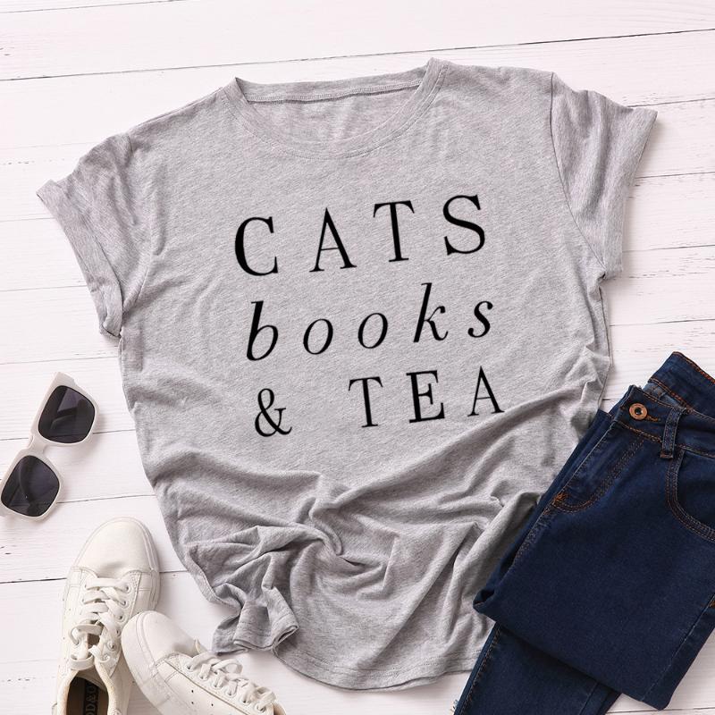 

Fashion Cats Books Letter Print T Shirt Women 100% Cotton O Neck Short Sleeve Summer Plus Size T-Shirt Tops Casual Tshirt, No pattern