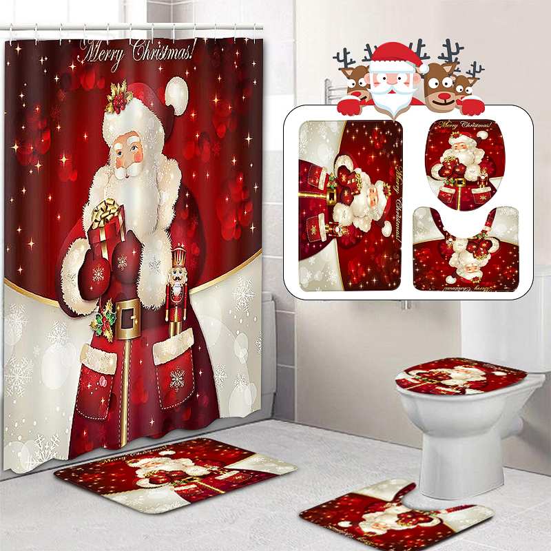 

180x180cm Red Robe Santa Claus Shower Curtains Toilet Cover For Bathroom & Toilet Non-Slip Grip Bath Mat Kitchen Carpet Doormats