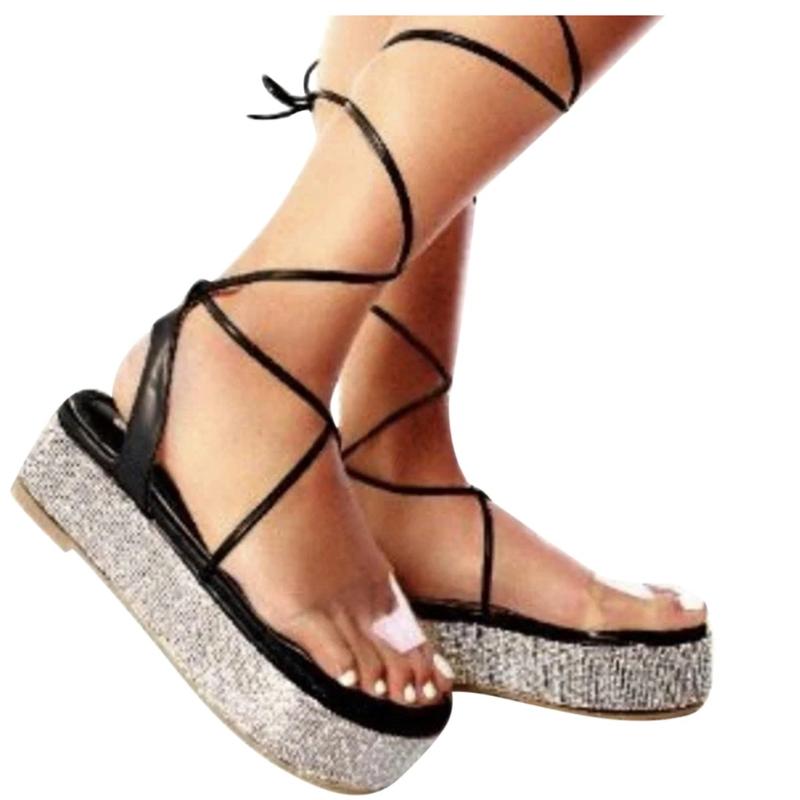 

Sagace Women Sandals Flat 2020 Summer Bohemian Rhinestone Cross Straps Open Toe Breathable Casual Fashion Females Sandals, Black