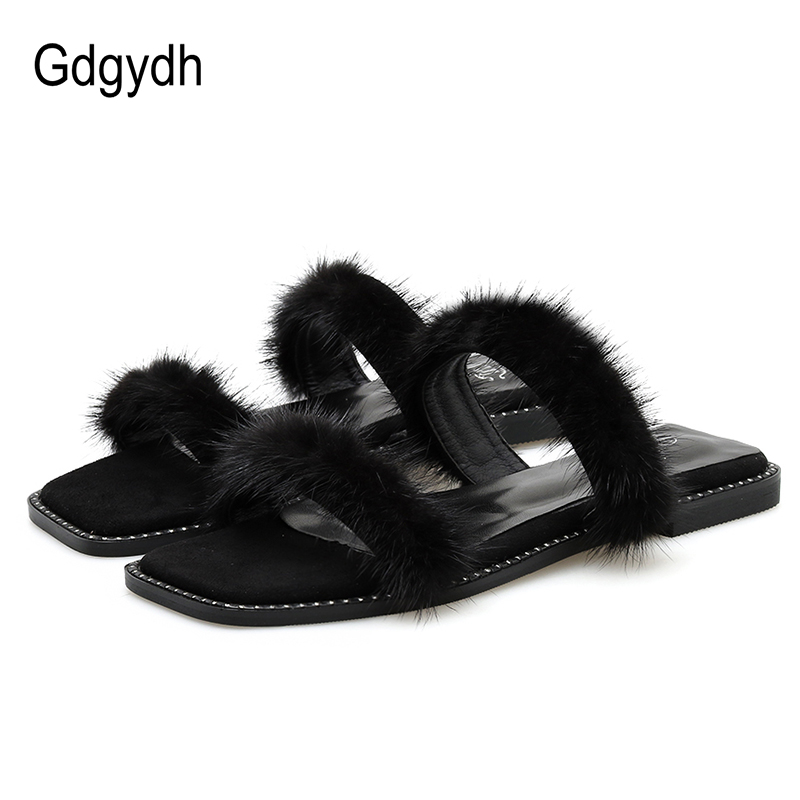 

Gdgydh Black Punk Real Fur Outdoor Slippers Women Summer Shoes Flat Heel Sexy Rivet Female Shoes Outside Slipper Good Quality, Beige