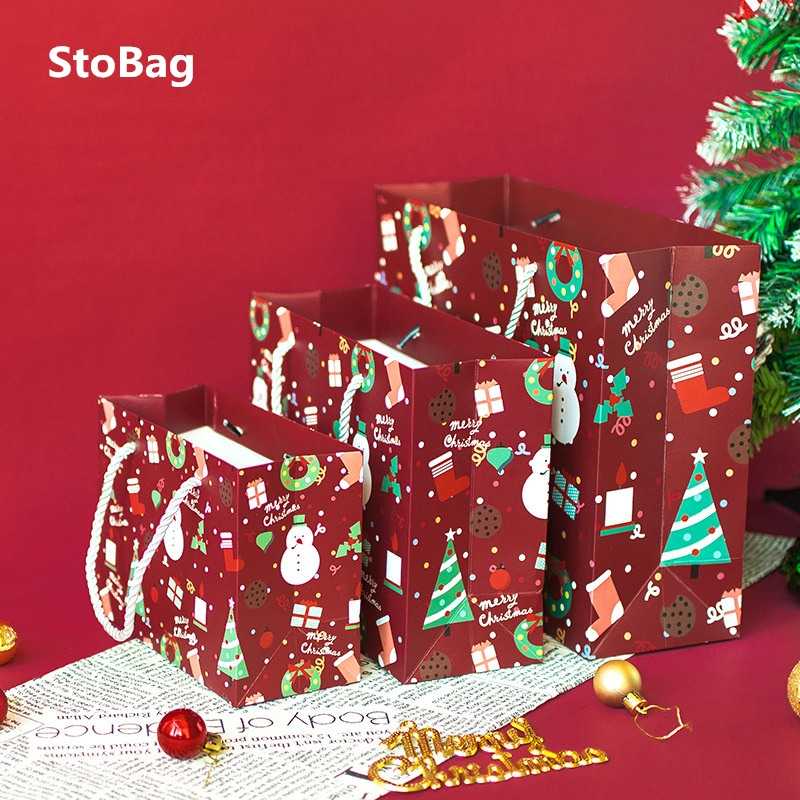 

StoBag 5pcs Red Handle Merry Christmas Paper Bags Party & Event Candy Packaging Supplies Celabrate Child Favor Decoration Gift