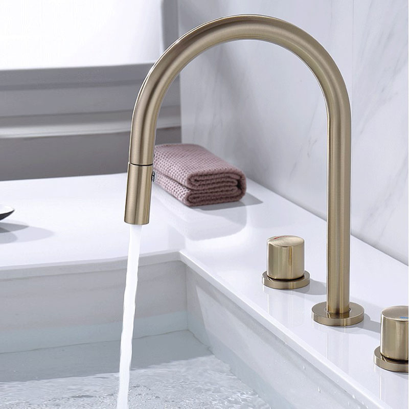 

Brushed Gold Bathroom Pull Out Basin Faucet Deck mounted Double Handle Swivel 360 Mixer Sink Taps 3 Hole Split Faucet