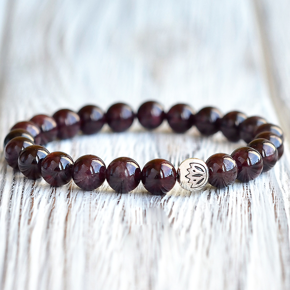 

MG0744 Woman's A Grade Garnet Bracelet Natural Gemstone Good Luck Bracelet Lotus Flower Charm Yoga Energy Bracelet, Black
