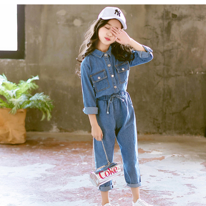 

Girls' suit new spring autumn fashion Cowboy suit children's clothing set fashionable denim nine-point pants 2pcs kids Suit, Blue