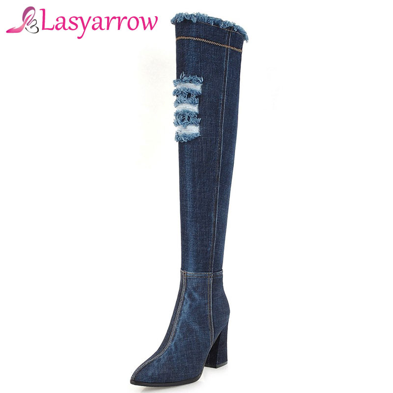 

Lasyarrow 2020 winter new elastic hole cowboy washed tassels over the knee boots pointed thick with female thigh high long boots, Black