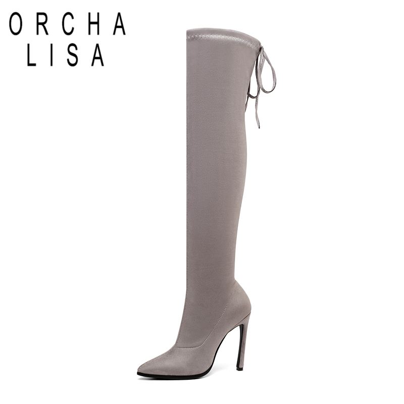 

ORCHA LISA stretched Woman over the knee boots kid suede stiletto high heels long boots Sexy spring autumn big size12, Black