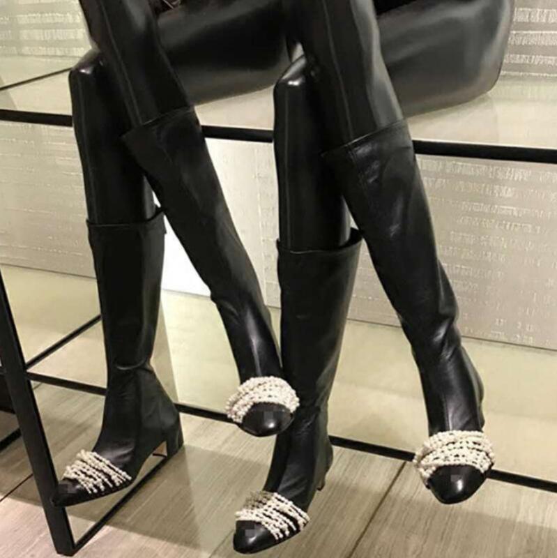 

Brand Design Women Boots Black Med Heels Knight Boots String Bead Autumn Winter Shoes Woman Knee-High Botas Mujer Invierno 2020, As show