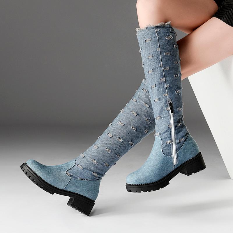 

Women's Casual Jeans Boots Winter Knee-High Sexy Slim Cowboy Boot Fashion Female High Heel Knight Shoes Long Tube Denim Botas, Blue
