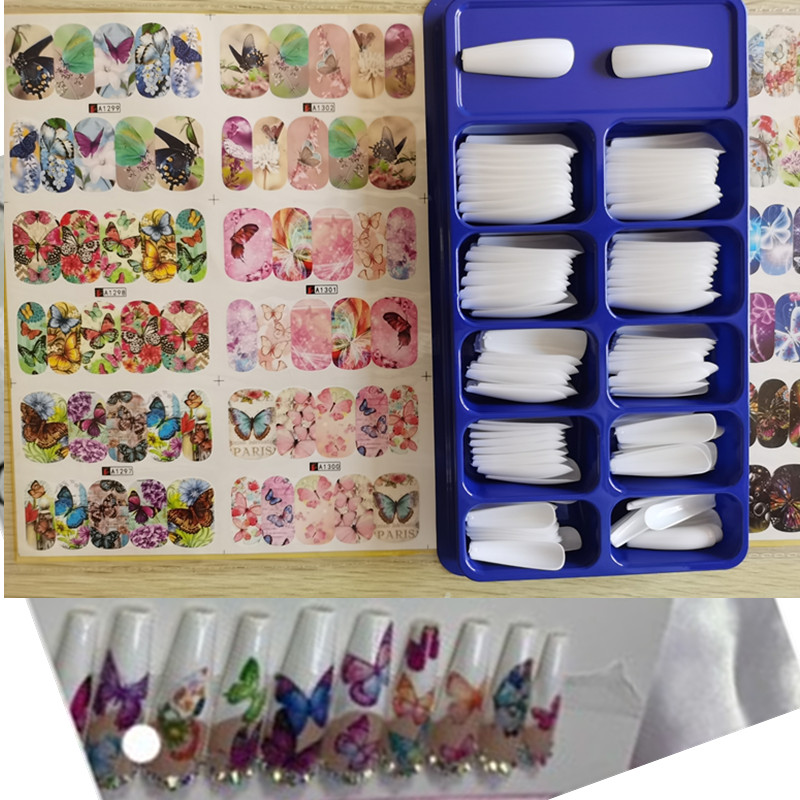 

100pcs White Coffin Nails+ A sheet Water Decals Nail art Stickers Butterfly nail stickers Set Nails Decoration Charms Manicure