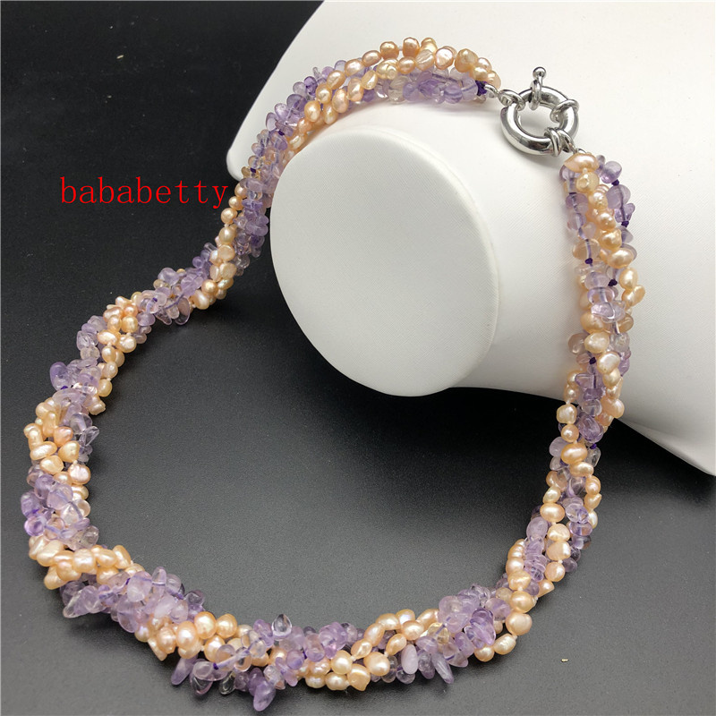 

New 4 Row 5-6 mm irregular baroque Natural freshwater pearl Irregular natural amethysts necklace fashionable jewelry