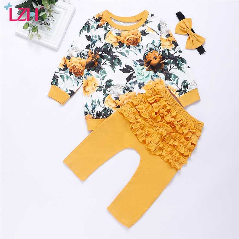 

LZH Newborn Clothes 2020 Autumn Winter Baby Girls Clothes Print T-shirt Pants 3pcs Suit Kids Outfit Infant Clothing For Baby Set, Blue