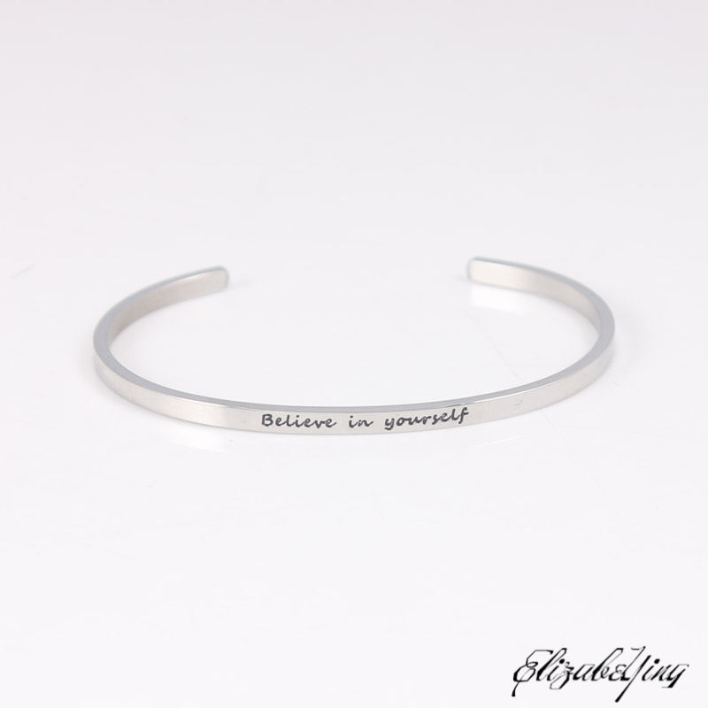 

3.2mm Stainless Steel Bar Bangle Engraved believe in yourself Inspirational Quote Hand imprint Cuff Mantra Bracelet For Women