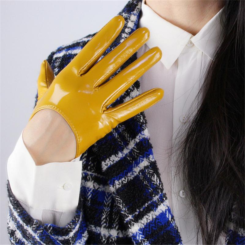 

Women'S Ultra Short Gloves 13cm Patent Leather Ginger Yellow Simulation Leather Mirror Thin Section Bright Yellow QPJH01