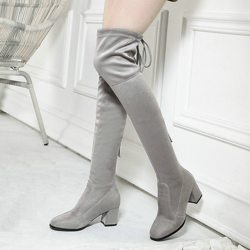 

Red Gray Black Chunky Heel Stretch Boots Women Suede Leather Thigh High Boots Female Comfort Square Toe Over The Knee 2020