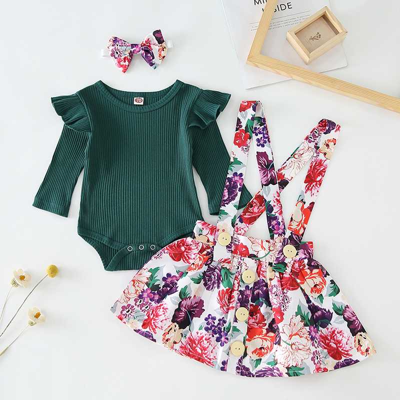 

Newborn Baby Clothing Autumn Baby Girls Casual Clothing Sets Solid Romper and Floral Print Suspender Dress Suits with Hairband, Ah3174pink
